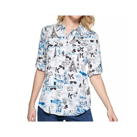KARL LAGERFLED Large Artsy Paris Printed Whimsical Long Sleeve Button Down Top - Picture 1 of 13